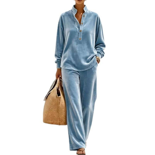 Damen Velours-Loungewear-Set mit Stehkragen-Henleytop und weiter Palazzohose Shop Nory