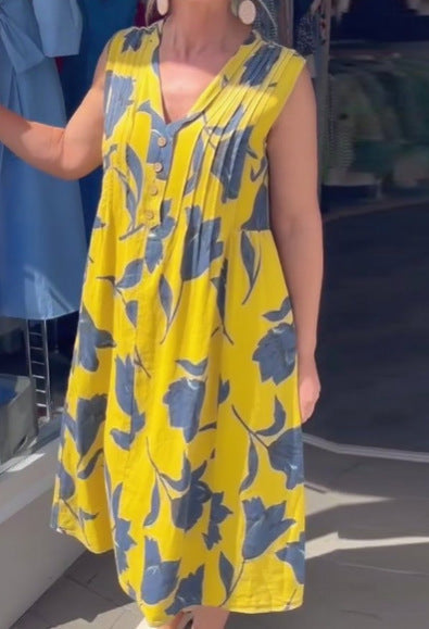 Damen nan lässiges V-Ausschnitt-Midikleid mit Brustpasse, senkrechten Falten und dekorativer Knopfleiste
