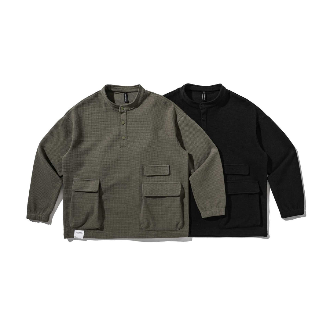Herren Waffelstrick-Henley-Pullover mit Stehkragen, Druckknopfleiste und großen Utility-Taschen Shop Nory