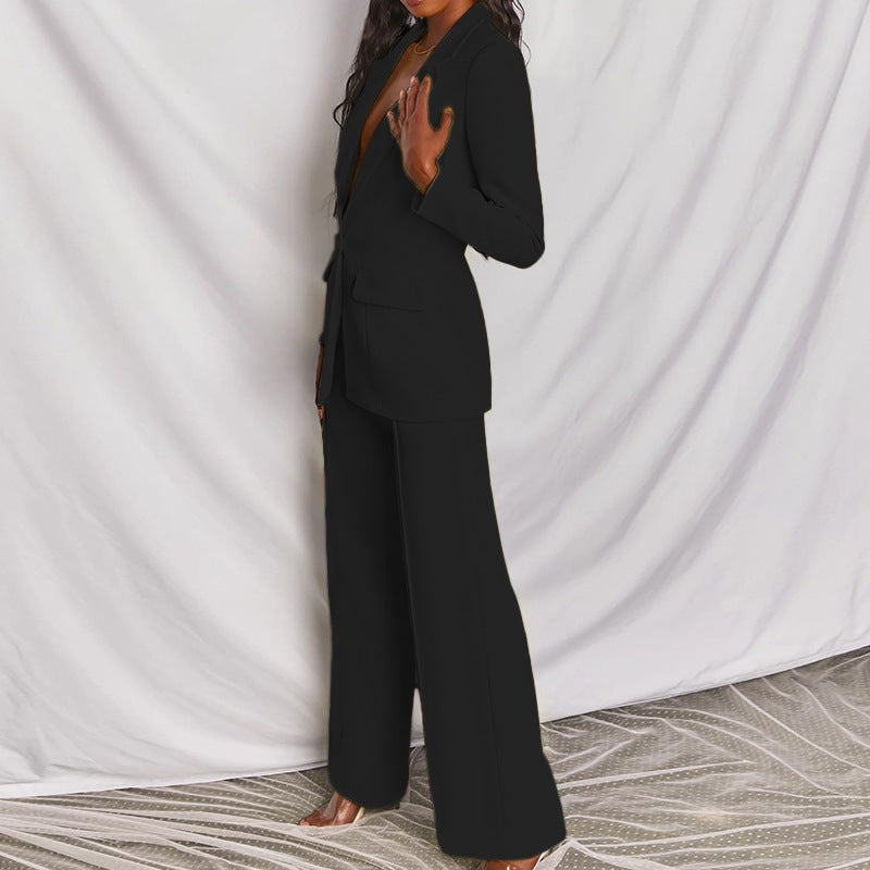 Damen nan eleganter Longline-Blazer mit tiefem V-Ausschnitt und weitem Palazzo-Hosenanzug Shop Nory
