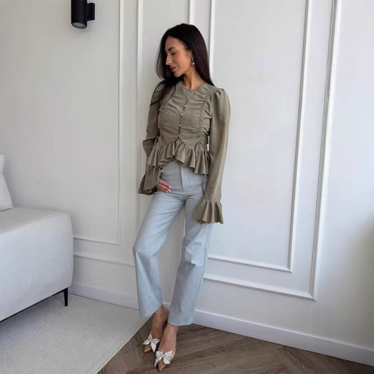 Damen Rüschenbesetzte taillierte Bluse mit Schößchen & Puffärmeln Shop Nory
