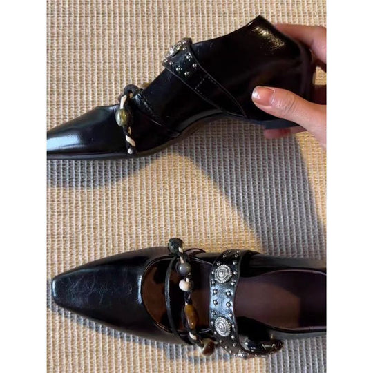 Damen elegante quadratische Mules mit niedrigem Blockabsatz, Zierriemen und Perlenapplikation Shop Nory
