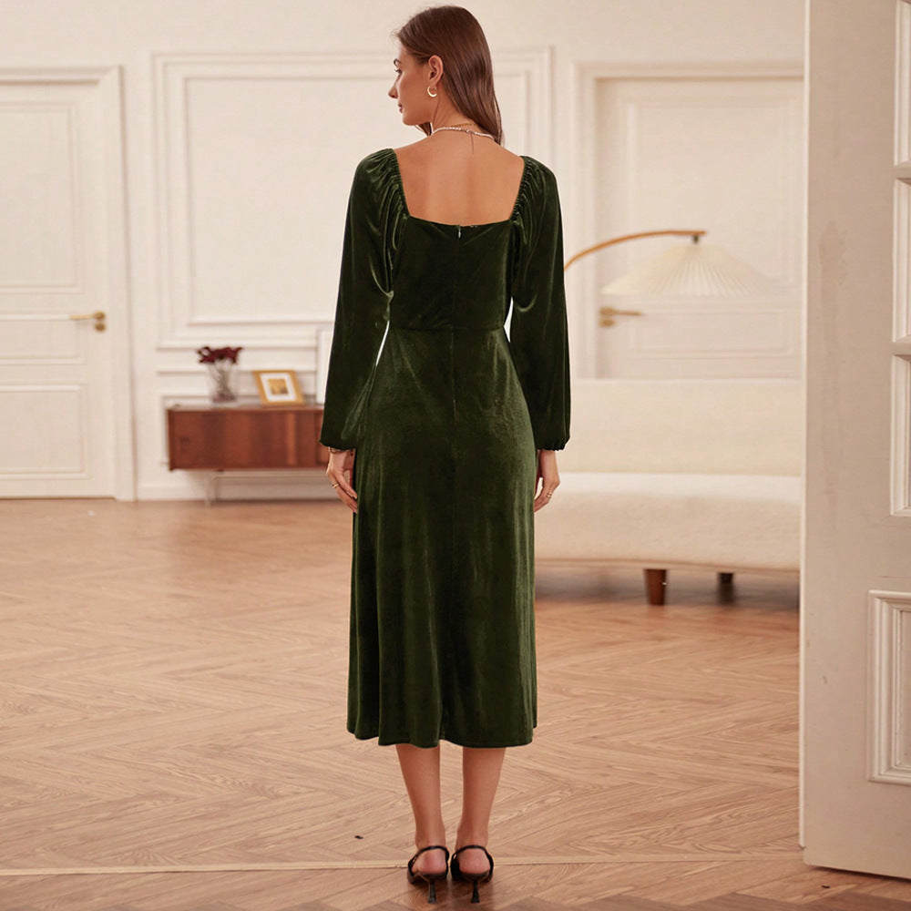 Damen elegantes Samt-Midikleid mit quadratischem Ausschnitt, geraffter Brustpartie und ballonartigen Ärmelabschlüssen Shop Nory