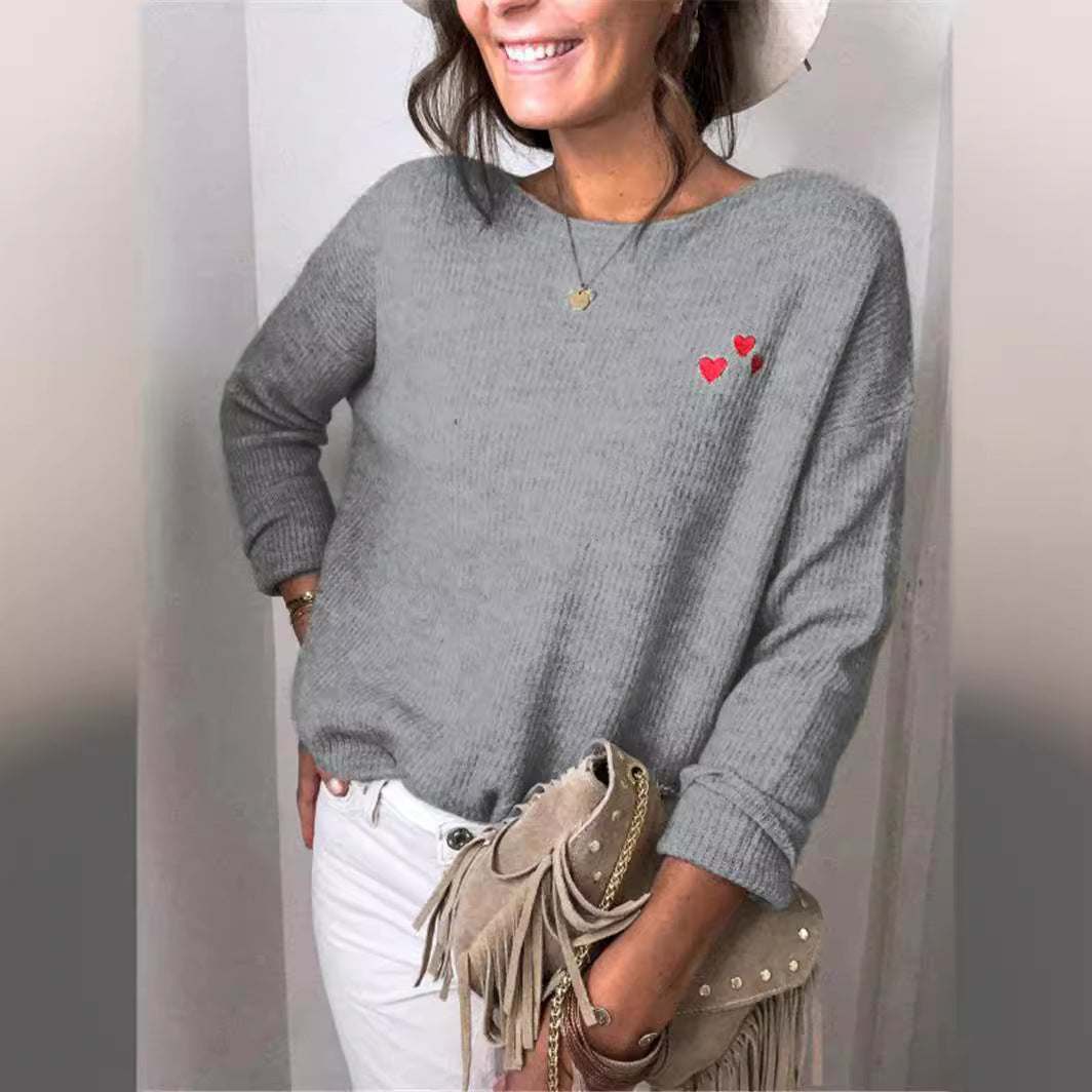 Damen Oversize Strickpullover mit Herz-Stickerei und weitem Boot-Ausschnitt Shop Nory