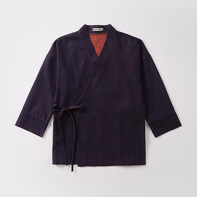 Unisex Leichte Wickel-Kimono-Jacke aus Leinen-Baumwollmix mit Kontrastbesatz und Bindegürtel Shop Nory