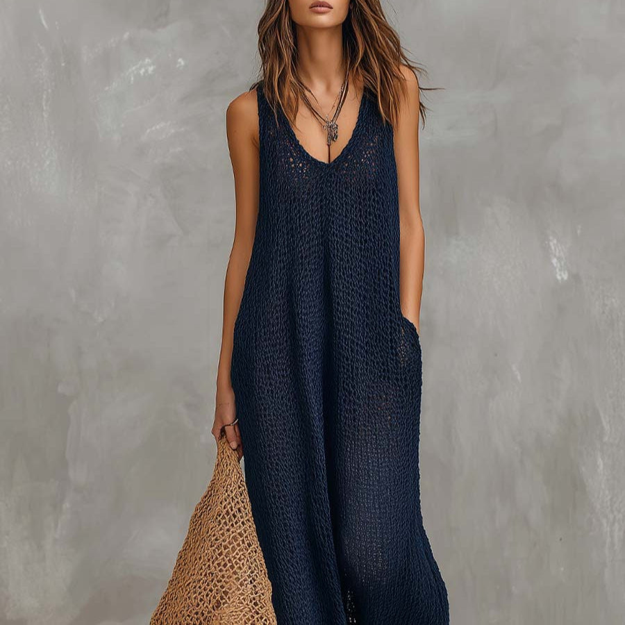Damen Luftiges Sommerkleid mit seitlichen Taschen und tiefem Ausschnitt Shopnory