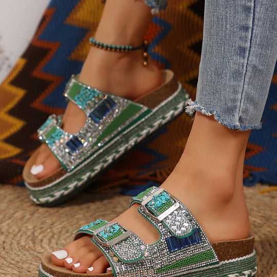 Damen bequeme Sandalen mit dekorativen Steinen und breiten Riemen