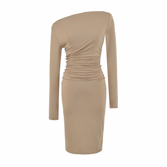 Damen Asymmetrisches Ein-Schulter-Midikleid mit Raffung und Langarm Shop Nory