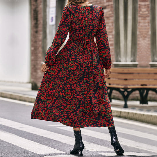 Damen Langes florales Maxikleid mit V-Ausschnitt, gerafftem Smokbund und fließendem A‑Linien‑Rock Shop Nory