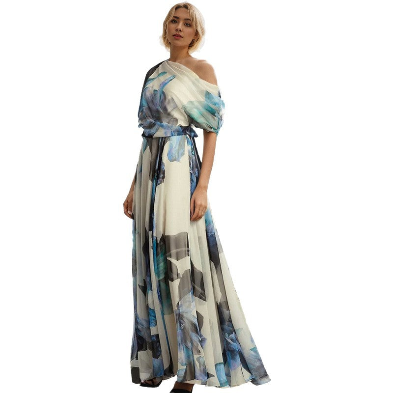 Damen elegantes Chiffon-Kleid mit schulterfreiem Design und floralem Muster