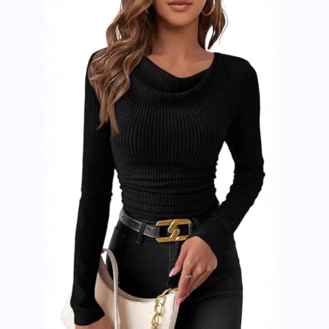 Damen Figurbetontes Feinripp-Longsleeve mit asymmetrischem Wasserfallkragen Shop Nory