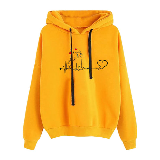 Damen nan leichter Oversize Kapuzenpullover mit Herz‑EKG‑Motiv, langen Kordeln und elastischem Bund Shop Nory