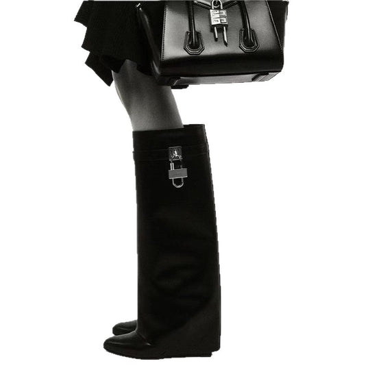 Damen Moderne kniehohe Stiefel mit verdecktem Keilabsatz und spitzer Zehenpartie Shop Nory