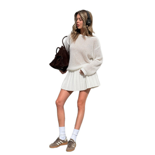 Damen oversized Netzstrickpullover mit plissiertem Minirock-Set Shop Nory