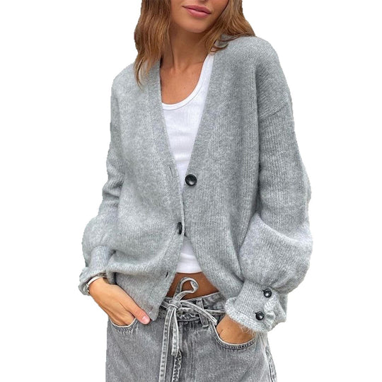 Damen nan lässige Strickjacke mit tiefem V-Ausschnitt, aufgesetzten Knopfleisten und Ballonärmeln Shop Nory