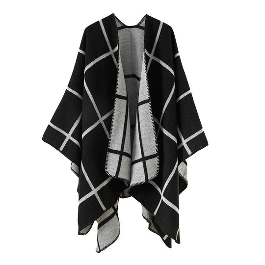 Damen Offener Wollmix-Poncho im Cape‑Stil mit dezentem Karomuster Shop Nory