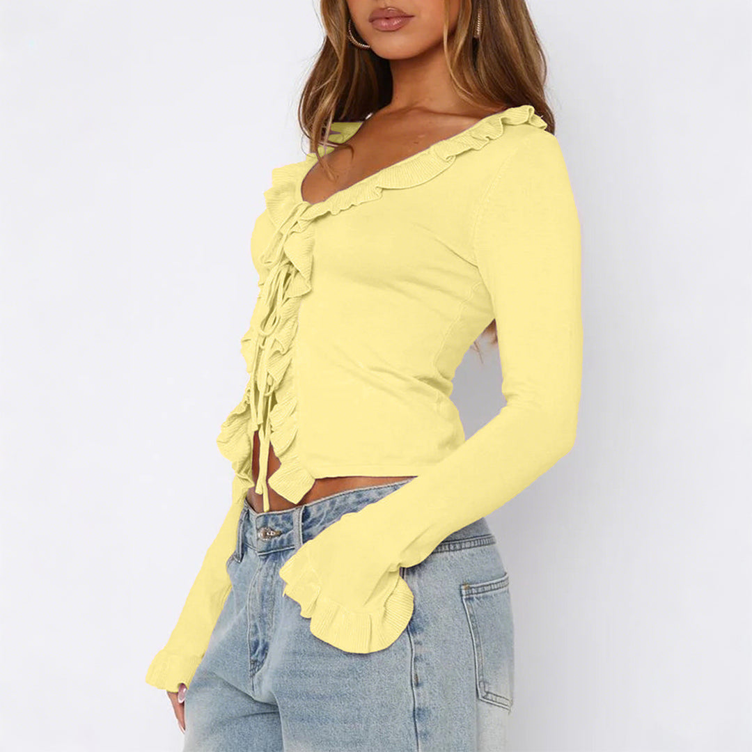Damen nan tailliertes Rüschen-Feinstrick-Cardigan mit Bindeband, V-Ausschnitt und Volantärmeln Shop Nory