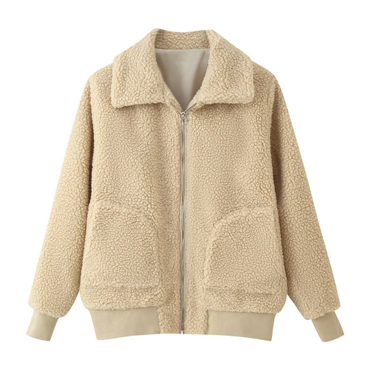 Damen Oversized Teddyjacke mit Reißverschluss, Kragen und aufgesetzten Taschen Shop Nory