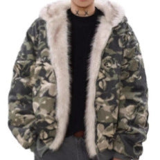 Herren Warmer gefütterter Camouflage-Bomber mit Kapuze und Kunstfellbesatz Shop Nory