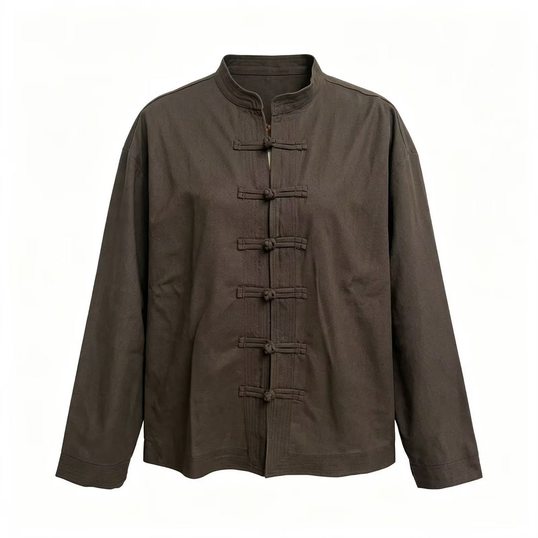 Damen Locker geschnittene Bluse im Mandarin‑Look mit Knotenknöpfen Shop Nory