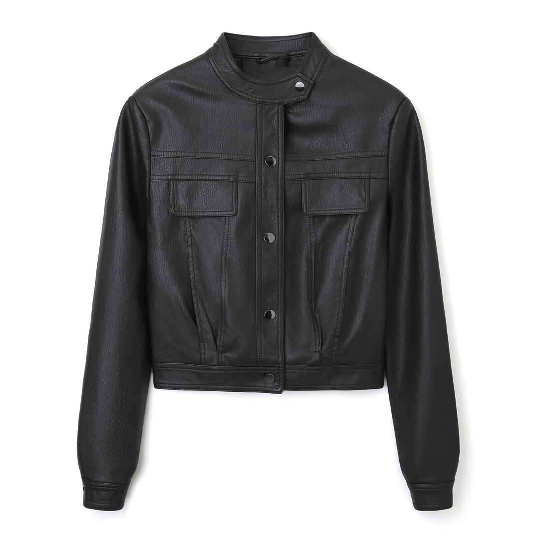 Damen Kurz geschnittene Lederjacke mit Stehkragen und Pattentaschen Shop Nory