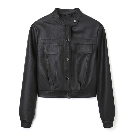 Damen Kurz geschnittene Lederjacke mit Stehkragen und Pattentaschen Shop Nory