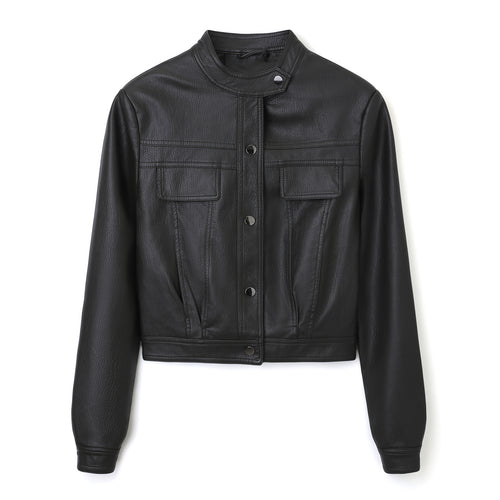 Damen Kurz geschnittene Lederjacke mit Stehkragen und Pattentaschen Shop Nory