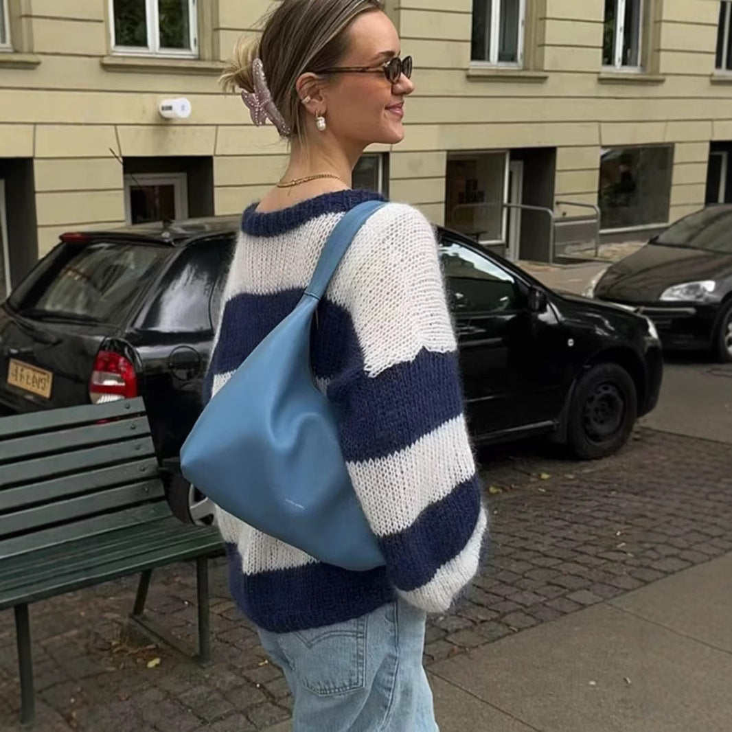 Damen Oversize-Strickpullover mit breiten Blockstreifen und Rundhalsausschnitt Shop Nory