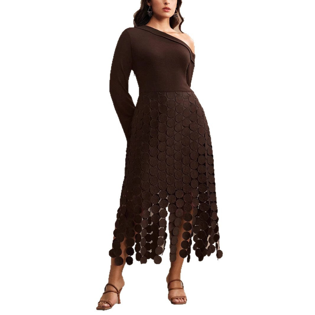 Damen Asymmetrisches Midikleid mit Ein-Schulter-Oberteil und Kreisapplikationsrock Shop Nory