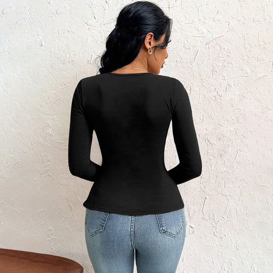 Damen asymmetrisches Langarm-Shirt mit diagonalem Cut-Out, taillierter Seitenraffung und spitz zulaufendem Zipfel-Saum Shop Nory