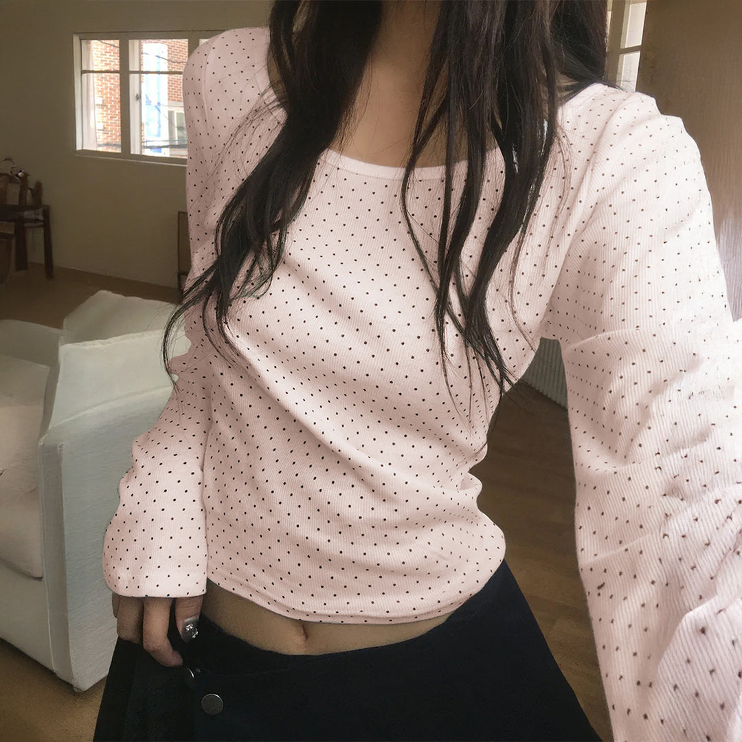 Damen nan geripptes Crop-Longsleeve mit feinem Pünktchenmuster und U-Ausschnitt Shop Nory