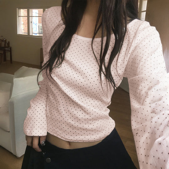 Damen nan geripptes Crop-Longsleeve mit feinem Pünktchenmuster und U-Ausschnitt Shop Nory