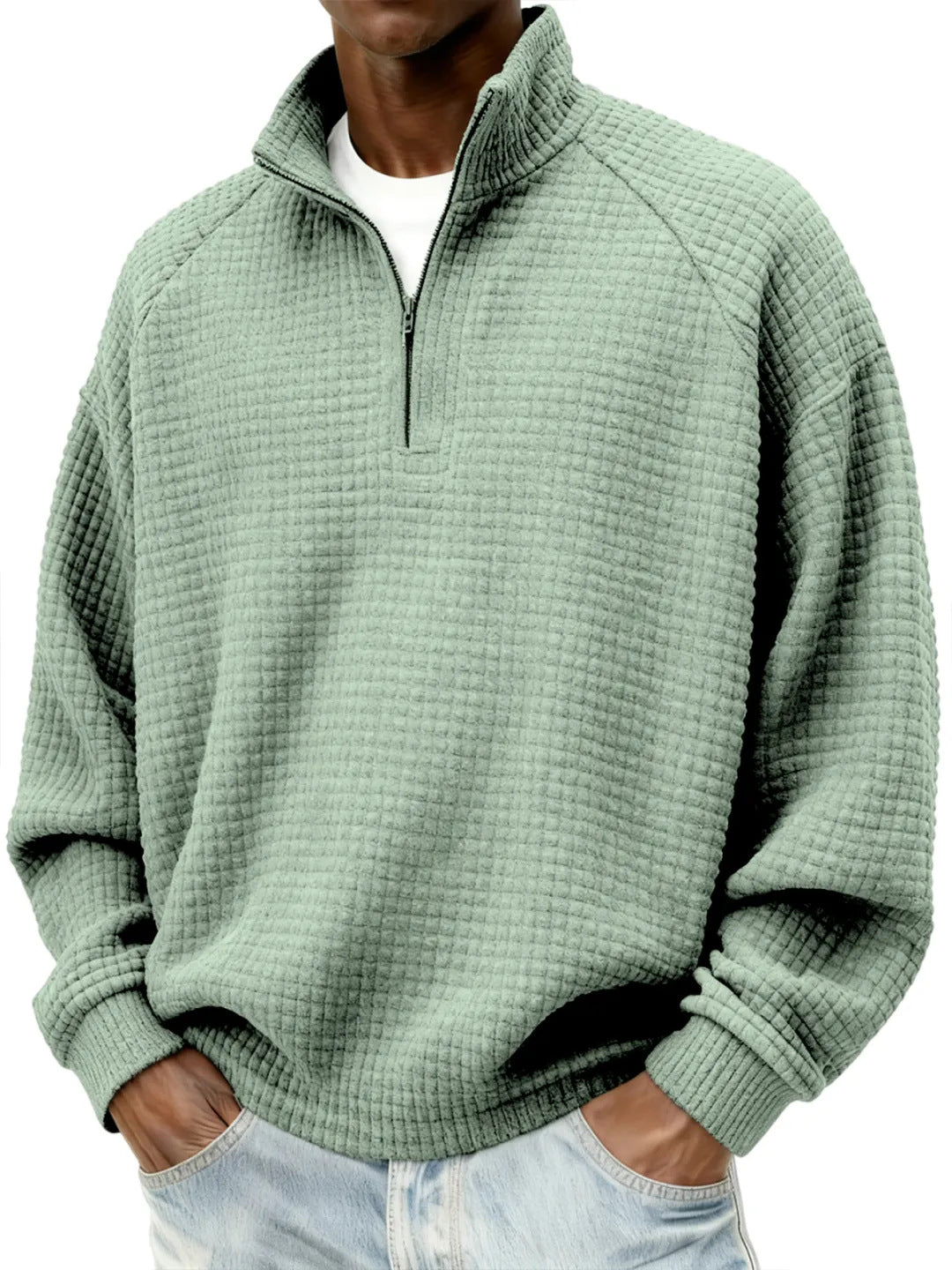 Herren Waffelstrick-Oversize-Pullover mit Halbreißverschluss und Stehkragen Shop Nory