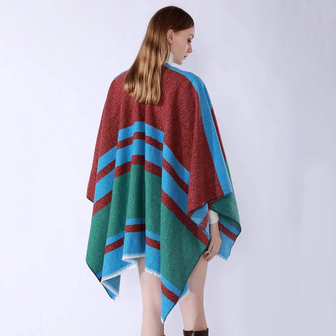 Damen Leichter Capeponcho aus Feinstrick mit geometrischem Blockstreifen-Design Shop Nory