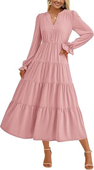Damen Stufiges Midikleid mit V-Ausschnitt, geraffter Taillennaht und Rüschenmanschetten Shop Nory