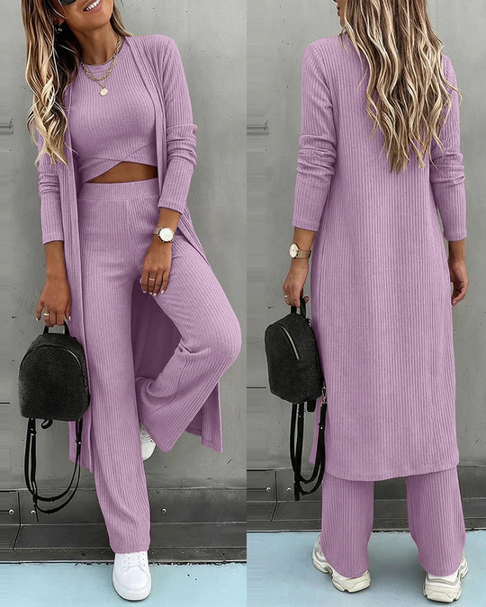 Damen Dreiteiliges Rippstrick-Loungewear-Set mit Longcardigan, bauchfreiem Top und weiter Palazzohose Shop Nory