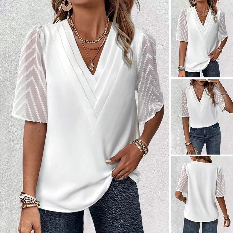Damen nan elegantes Chiffon-Oberteil mit plissierter V-Passe und transparenten Zickzackärmeln