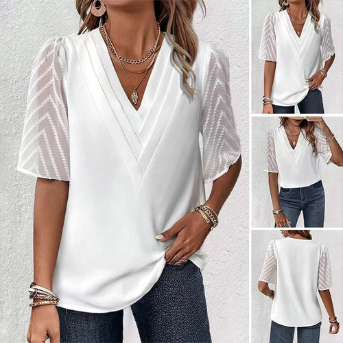 Damen nan elegantes Chiffon-Oberteil mit plissierter V-Passe und transparenten Zickzackärmeln
