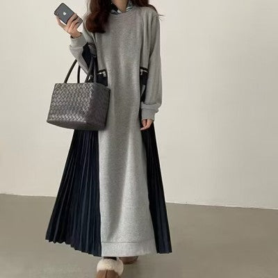 Damen Langes Oversize-Sweatkleid mit Rundhalsausschnitt, plissierten Seiteneinsätzen und Eingrifftaschen Shop Nory