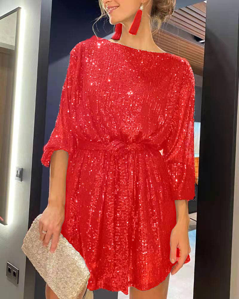 Damen Glamouröses Cocktailkleid mit funkelnden Lurex-Fäden und elastischem Taillengürtel