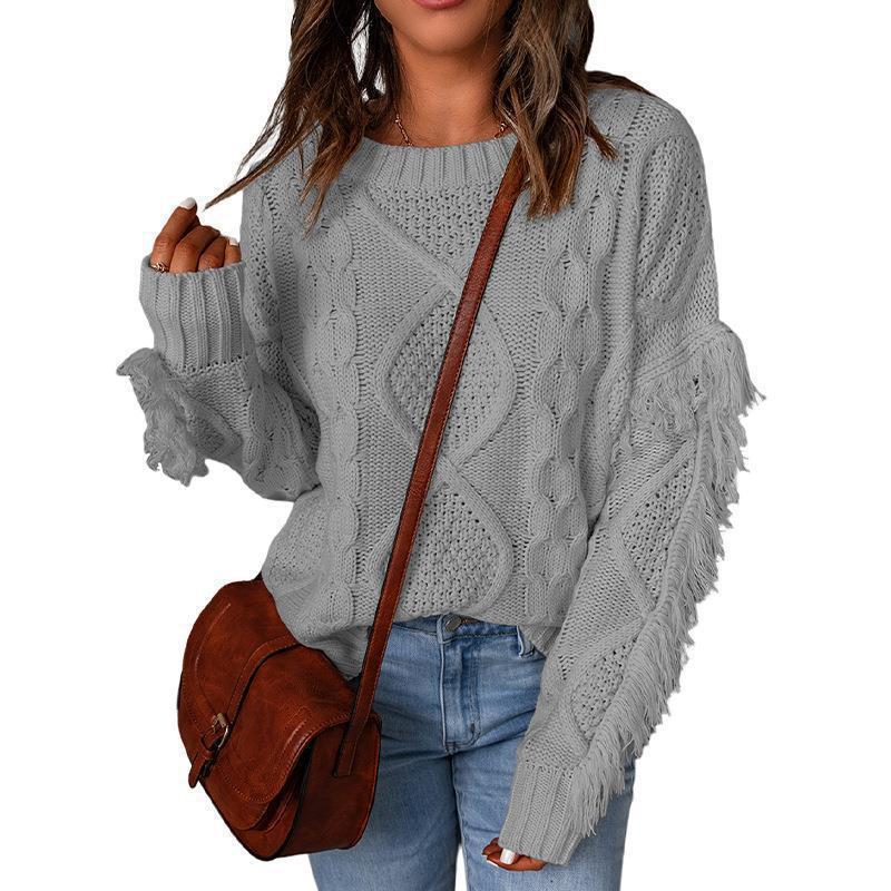 Damen Grobstrick-Pullover mit Zopfstruktur, fransigen Ärmeln und legerer Oversize-Passform Shop Nory