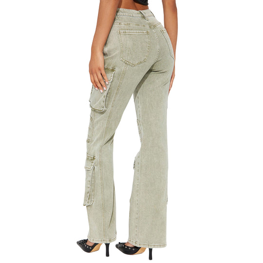 Damen High-Waist Cargo-Denimhose mit weitem Bein, Mehrfachtaschen und Used‑Details Shop Nory