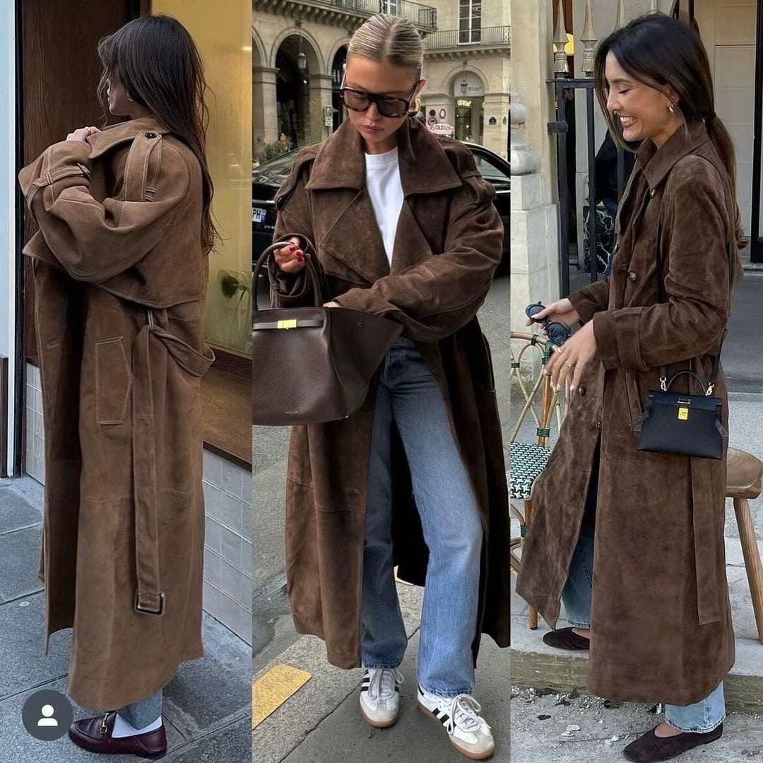 Damen Langer Oversize-Veloursleder-Trenchcoat mit Bindegürtel und Schulterriegeln Shop Nory