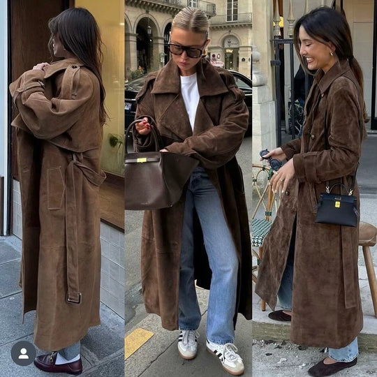 Damen Langer Oversize-Veloursleder-Trenchcoat mit Bindegürtel und Schulterriegeln Shop Nory