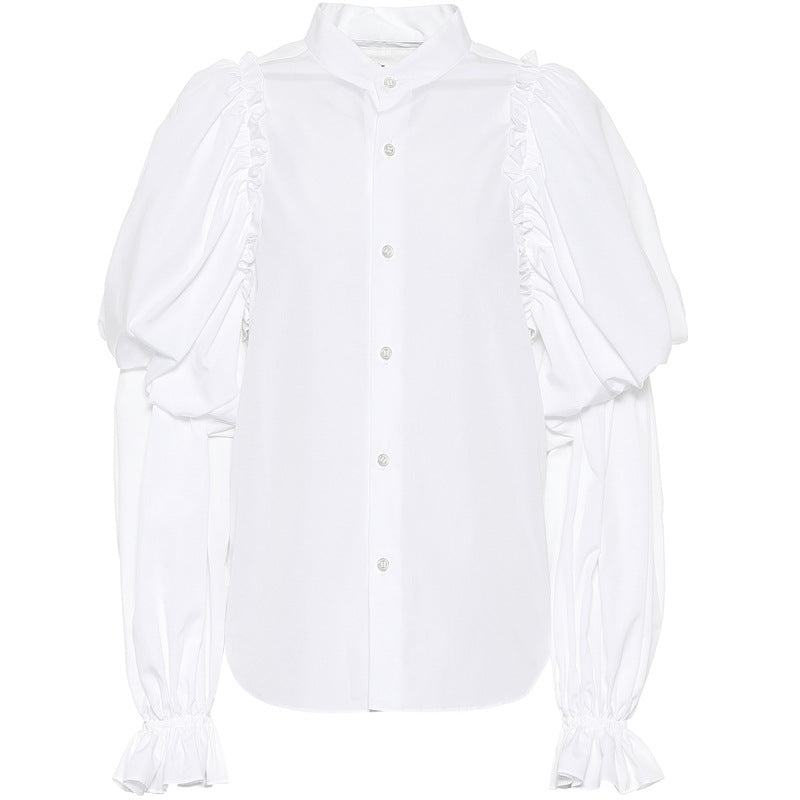 Damen Puffärmel-Bluse mit Stehkragen und Volantmanschtten Shop Nory