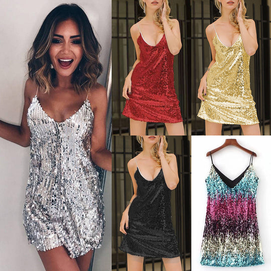 Damen Glitzerndes Minikleid mit schmalen Spaghettiträgern und raffiniertem Schnitt Shopnory