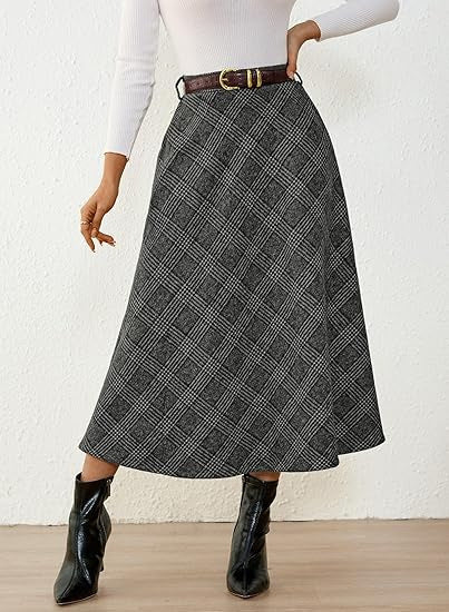 Damen Karierter Midirock in A-Linie mit hoher Taille und seitlichen Eingrifftaschen Shop Nory