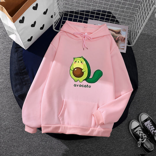Damen nan Oversize-Fleecehoodie mit weichem Innenfutter, Kängurutasche und Avocato-Cartoonmotiv Shop Nory