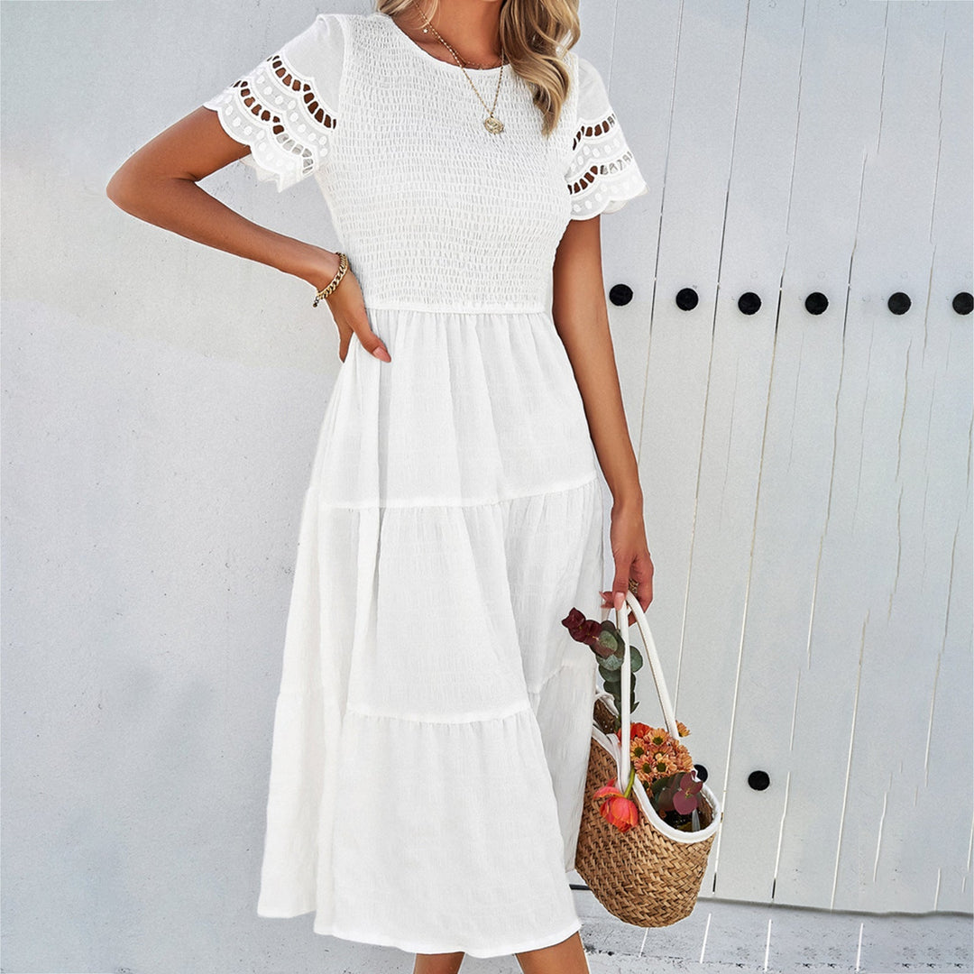 Damen Midikleid mit Puffärmeln und Elastischem Oberteil