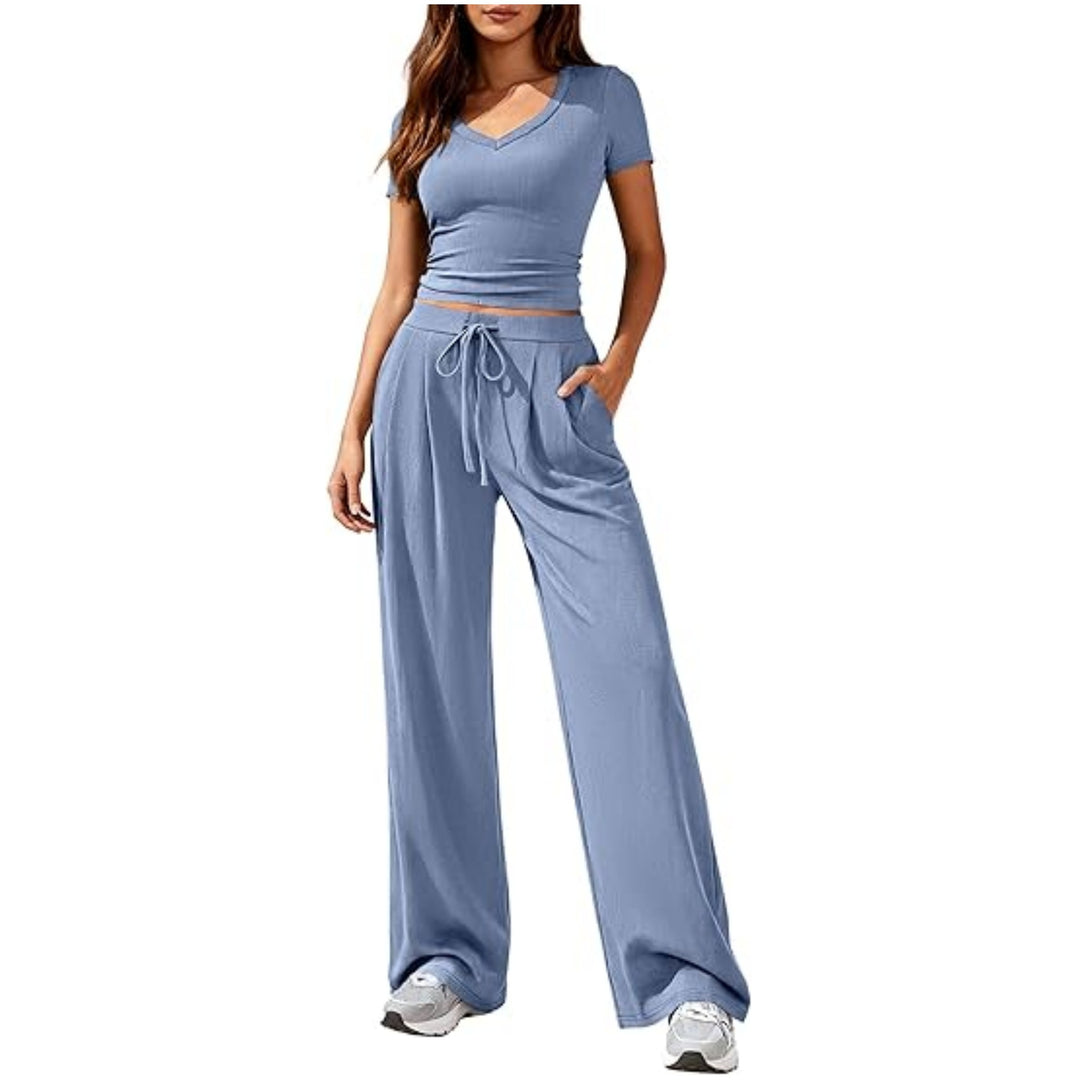 Damen Lässiges Lounge-Set mit tailliertem V-Ausschnitt bauchfreiem Top und weitem Kordelbund-Hose Shop Nory